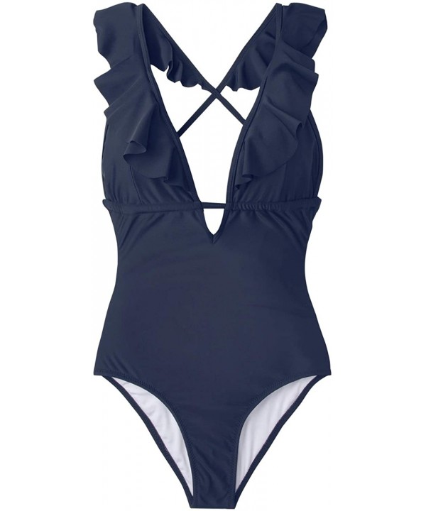 Women's Falbala One Piece Swimsuit Deep V Neck Monokini Swimsuit - Navy - CC18OT2RUAN $25.06-One-Pieces