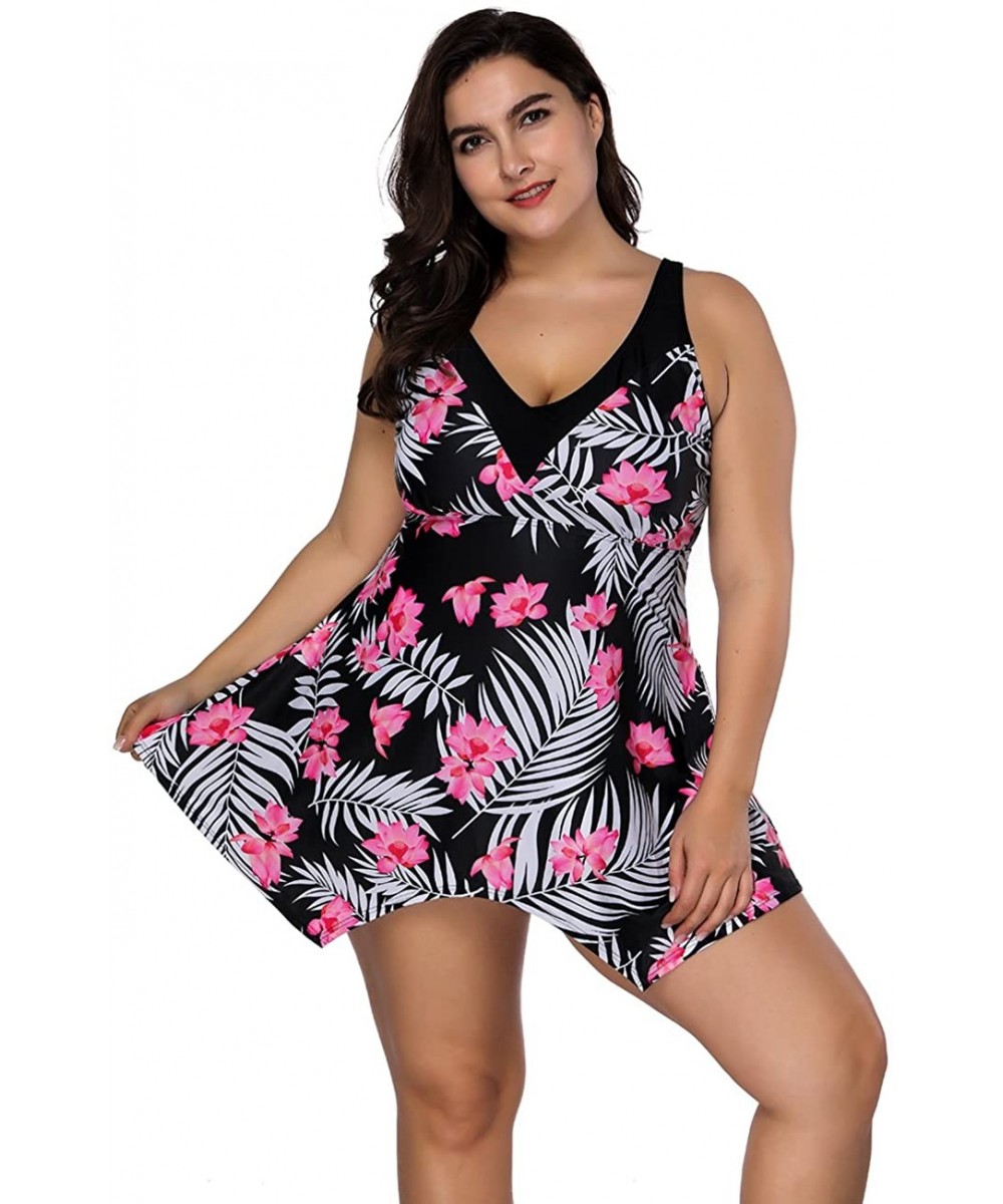 Women's Halter Neck High Waisted Floral Swimsuits Two Piece Skirtini Pin Up Tankini Swimwear Swimdress(XL 4XL) Pink - CW18CMR...