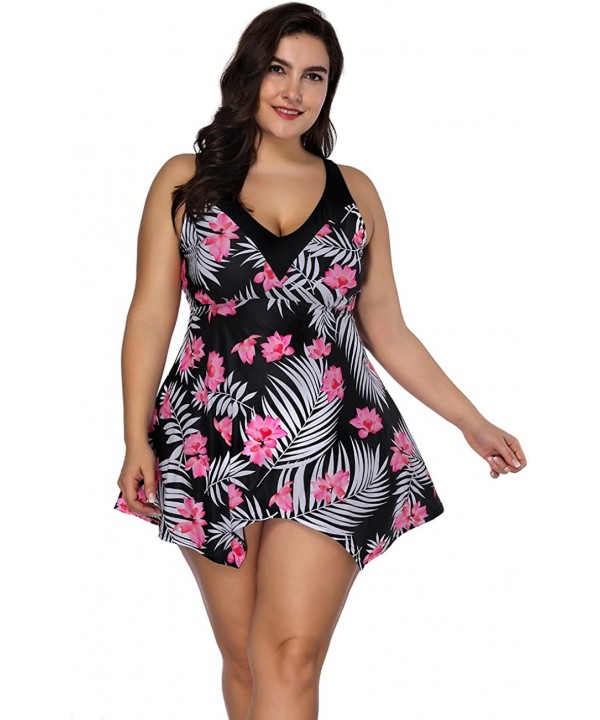 Women's Halter Neck High Waisted Floral Swimsuits Two Piece Skirtini Pin Up Tankini Swimwear Swimdress(XL 4XL) Pink - CW18CMR...