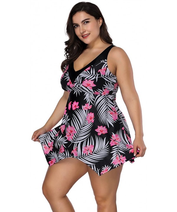 Women's Halter Neck High Waisted Floral Swimsuits Two Piece Skirtini Pin Up Tankini Swimwear Swimdress(XL 4XL) Pink - CW18CMR...