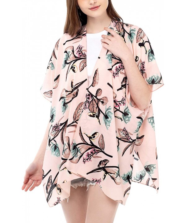 Women Floral Kimono Cardigan Open Front Beach Cover Up Chiffon Casual Loose Tops - Pink_floral 02 - CO190ESN99I $14.08-Cover-Ups