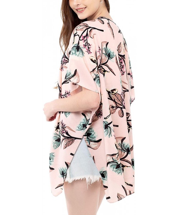 Women Floral Kimono Cardigan Open Front Beach Cover Up Chiffon Casual Loose Tops - Pink_floral 02 - CO190ESN99I $14.08-Cover-Ups