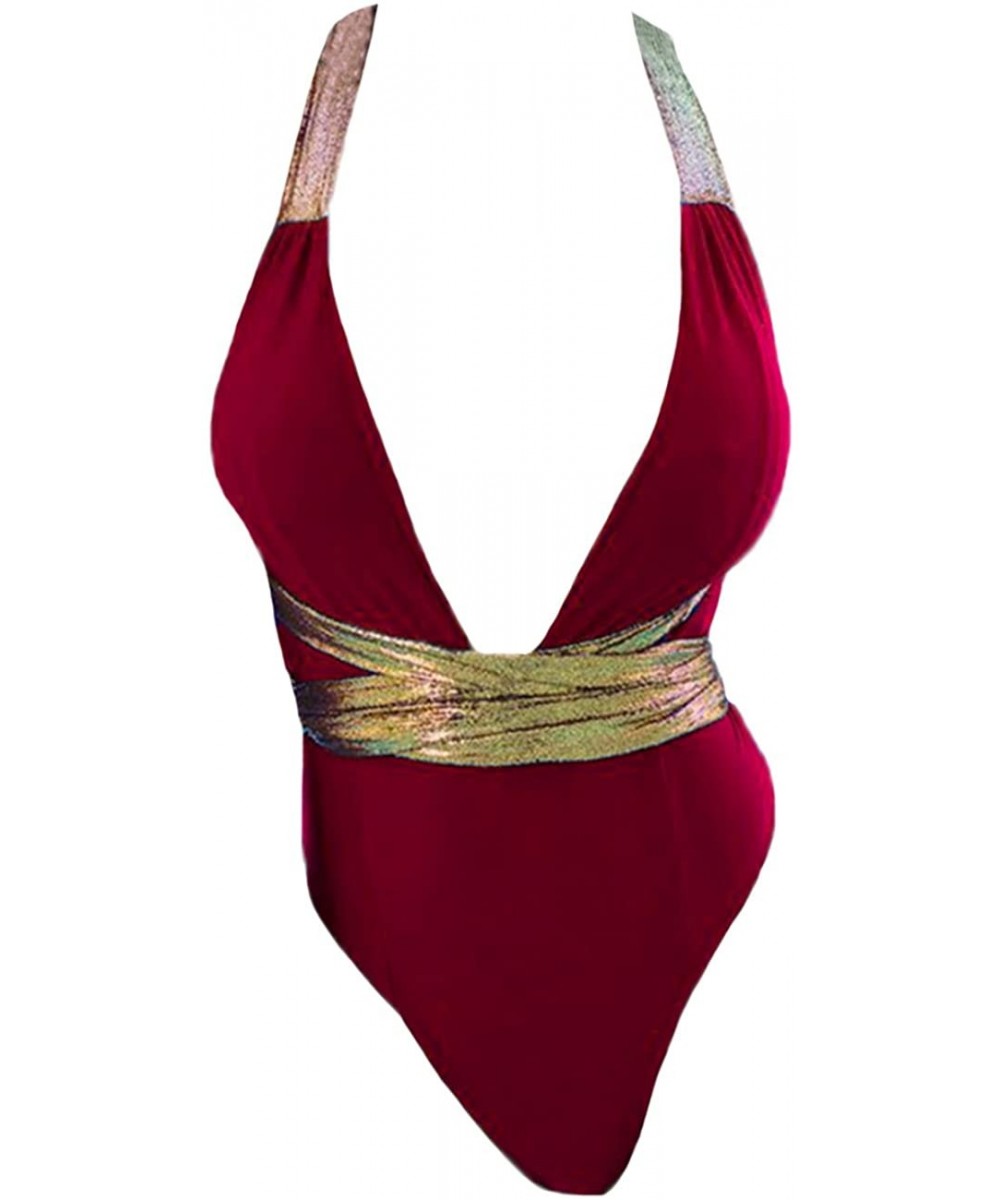 Women's Solid Plunge High Cut Cross Back One Piece Thong Bikini Suit - Burgundy - CT1888HWTTU $17.60-One-Pieces