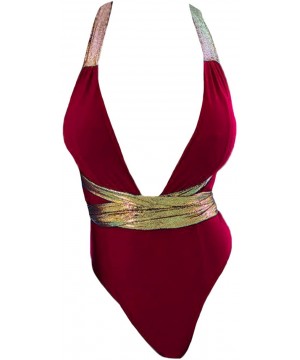 Women's Solid Plunge High Cut Cross Back One Piece Thong Bikini Suit - Burgundy - CT1888HWTTU $17.60-One-Pieces