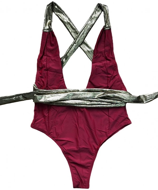 Women's Solid Plunge High Cut Cross Back One Piece Thong Bikini Suit - Burgundy - CT1888HWTTU $17.60-One-Pieces