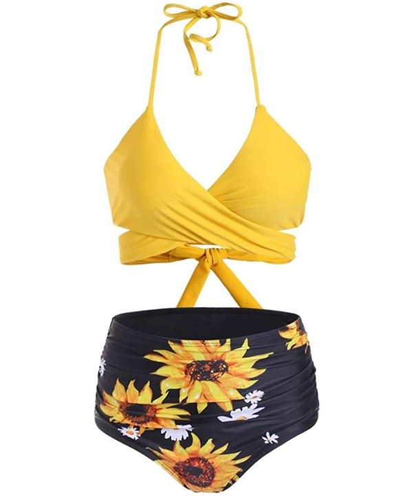 Sunflower Tankini Swimsuits- High Waisted Swim Bottom with Ruffle Bandeau Top Beach Bikini Hot Boho Swimwear Only Left - 978g...