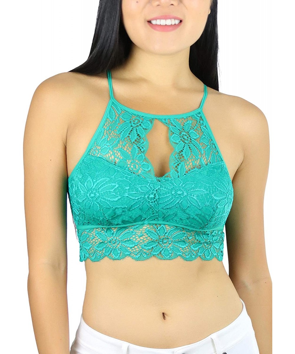 Women's Keyhole High Neck Stretch Lace Bralette with Lined Cups - Kelly Green - CY18U4I05SL $15.43-Tops