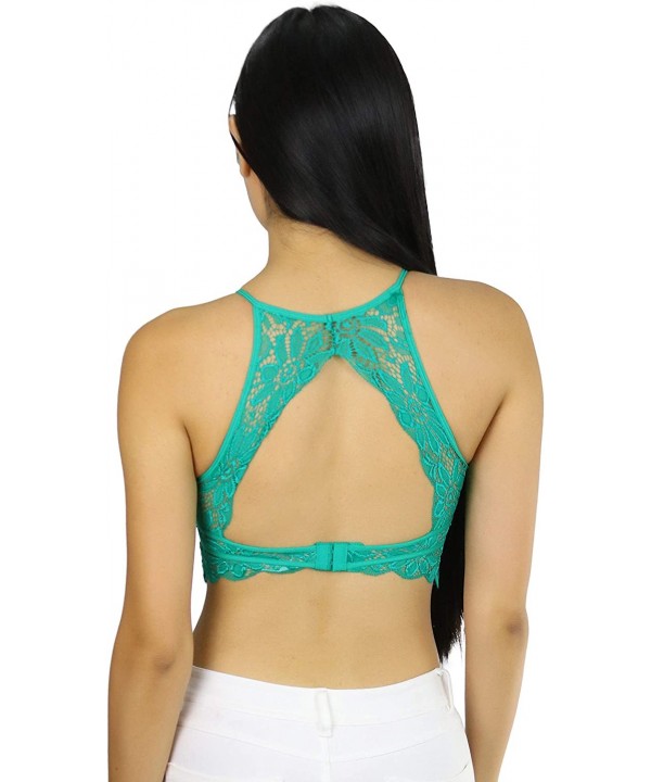 Women's Keyhole High Neck Stretch Lace Bralette with Lined Cups - Kelly Green - CY18U4I05SL $15.43-Tops