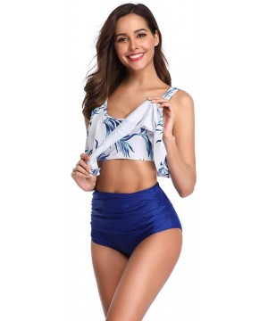 Women's High Waisted Swimsuit Two Piece Swimwear - Blue Leaf and Navy - CJ18UWEN2XG $16.41-Sets