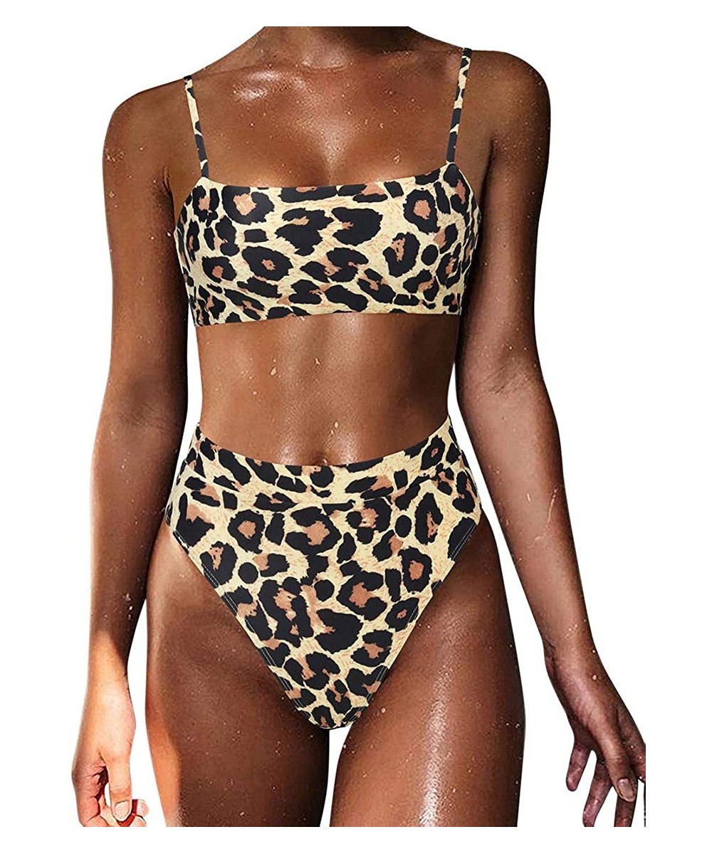 Women High Wasited Bikini Shoulder Strap 2 Piece High Cut String Swimsuits - 64 Leopard - CZ18TCUQ4U4 $24.90-Sets