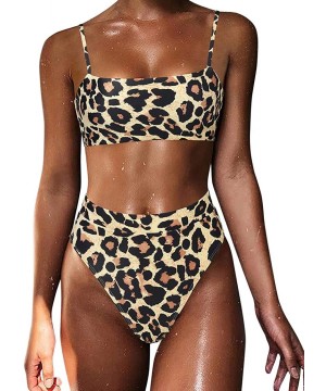 Women High Wasited Bikini Shoulder Strap 2 Piece High Cut String Swimsuits - 64 Leopard - CZ18TCUQ4U4 $24.90-Sets