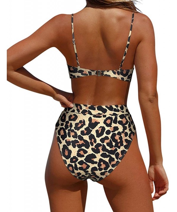 Women High Wasited Bikini Shoulder Strap 2 Piece High Cut String Swimsuits - 64 Leopard - CZ18TCUQ4U4 $24.90-Sets