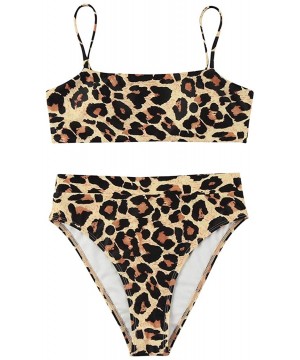 Women High Wasited Bikini Shoulder Strap 2 Piece High Cut String Swimsuits - 64 Leopard - CZ18TCUQ4U4 $24.90-Sets