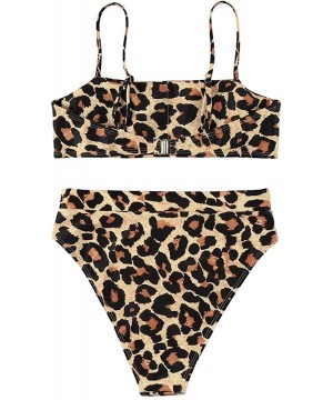 Women High Wasited Bikini Shoulder Strap 2 Piece High Cut String Swimsuits - 64 Leopard - CZ18TCUQ4U4 $24.90-Sets