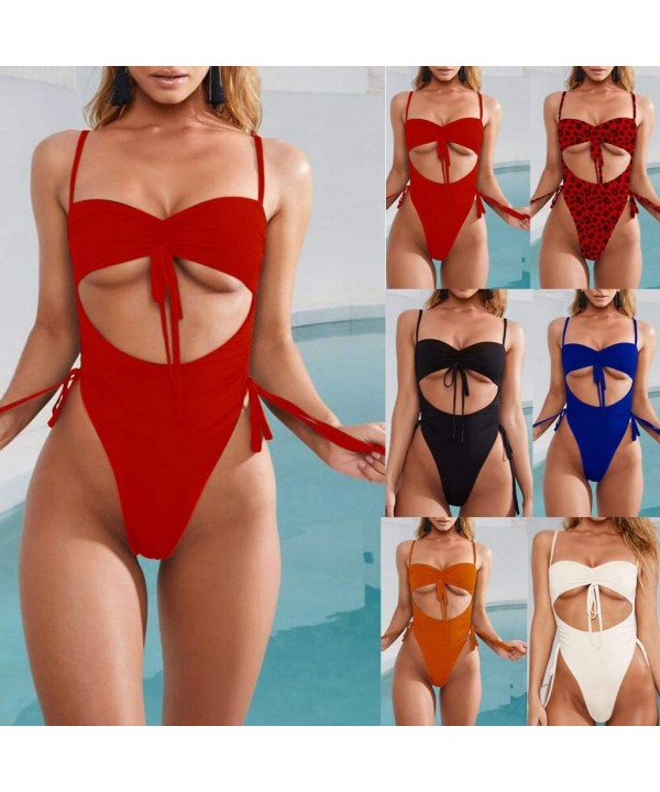 Women Swimsuits-Womens Conjoined Swimsuit Motion Bandage Pure Color Integral Type Bikini Set - Red - C618R6RSML6 $15.31-Sets