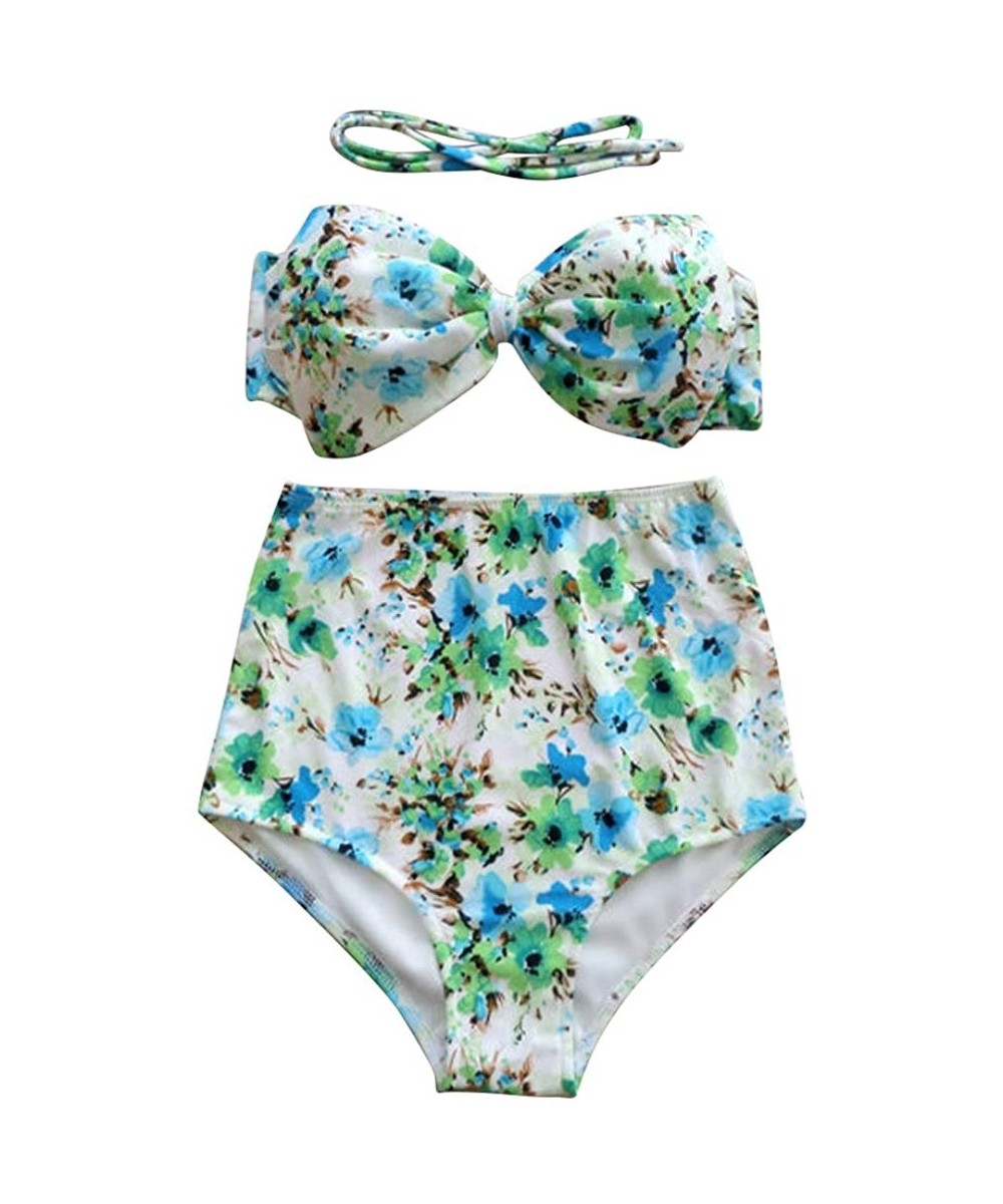 2PCS Womens High Waisted Swimsuit Bathing Suit Set Beach Bikini Swimwear - Green Flowers - CT18DTTI2G2 $13.28-Sets