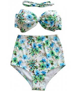 2PCS Womens High Waisted Swimsuit Bathing Suit Set Beach Bikini Swimwear - Green Flowers - CT18DTTI2G2 $13.28-Sets