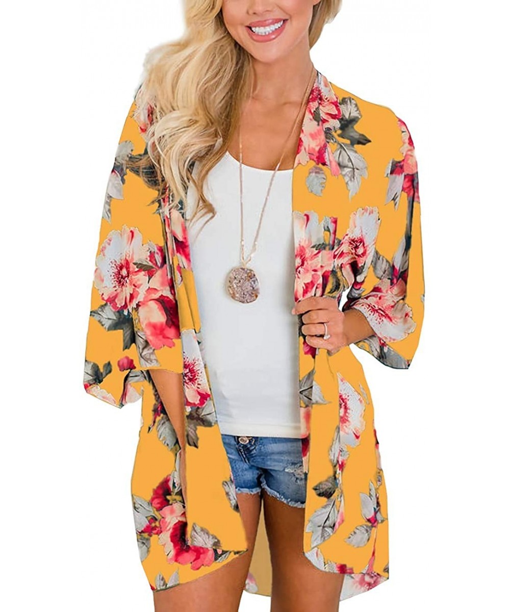 Womens Kimonos Sheer Chiffon Floral Cardigan Cover up - Lb-yellow - C918W9G6H2D $18.25-Cover-Ups