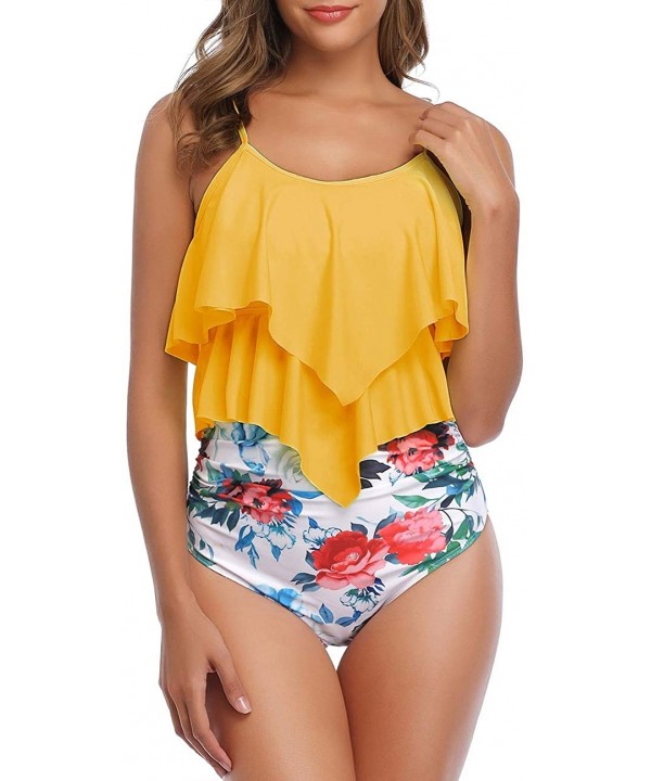 Women's Two Piece Swimsuits Tiered Flounce Top High Waist Bikini Bathing Suits - Yellow Floral - CI1938XANDW $28.59-Sets