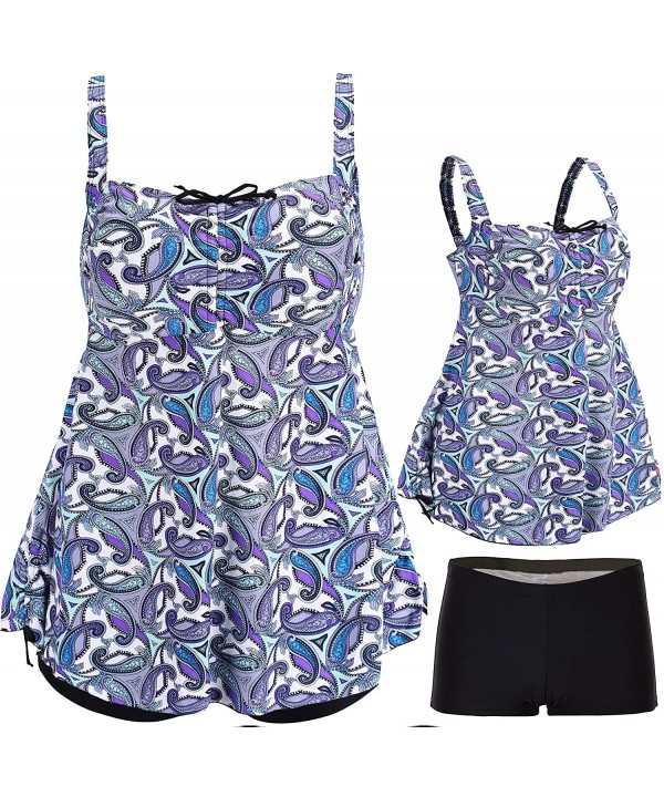 Womens Plus Size Swimsuits Swimwear Bathing Suit Two Piece Tankini Floral Print - Blue & Purple - CF18R3G80R7 $32.75-Sets