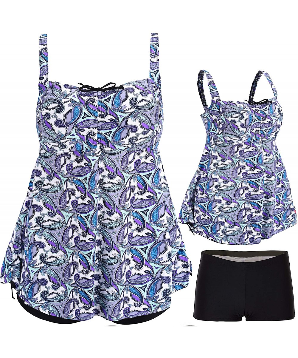 Womens Plus Size Swimsuits Swimwear Bathing Suit Two Piece Tankini Floral Print - Blue & Purple - CF18R3G80R7 $32.75-Sets