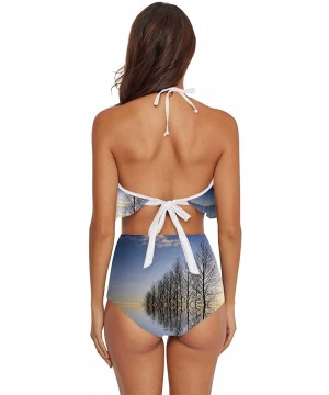 Women Ruffle Halter Swimsuit Backless Bikini Set Floral - Multi 35 - CC190EGLQKW $40.32-Bottoms