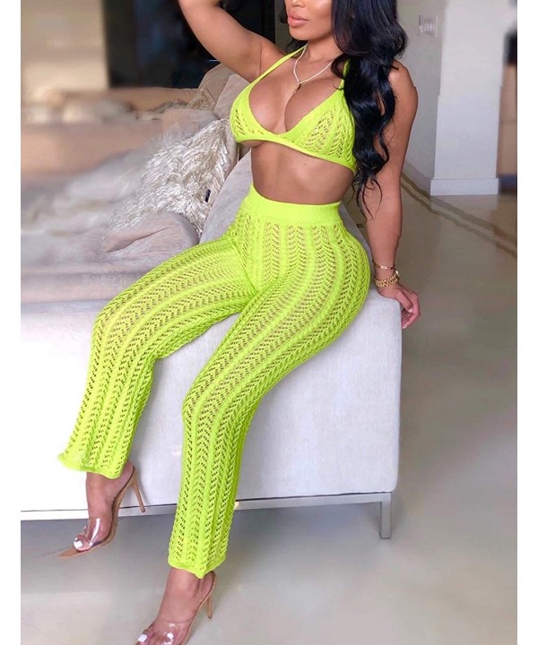 Women Two Piece Outfits Clubwear Hollow Out Bra Top Bikini and Long Pants Beach Cover Up - Yellow - C318T904UAW $37.39-Cover-Ups