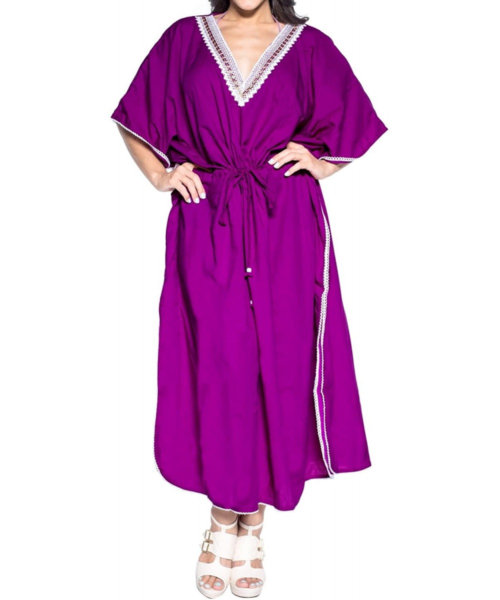 Women's Long Kaftan Swimsuit Cover Ups Sleep Casual Dress Embroidered - Autumn Violet_u41 - C312OBKA1WT $16.91-Cover-Ups