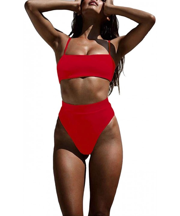 High Waisted Bathing Suit for Women Cheeky Bikini Set High Cut Padded Bikini Swimsuits Womens - Red - C518T3YM9KU $21.24-Sets