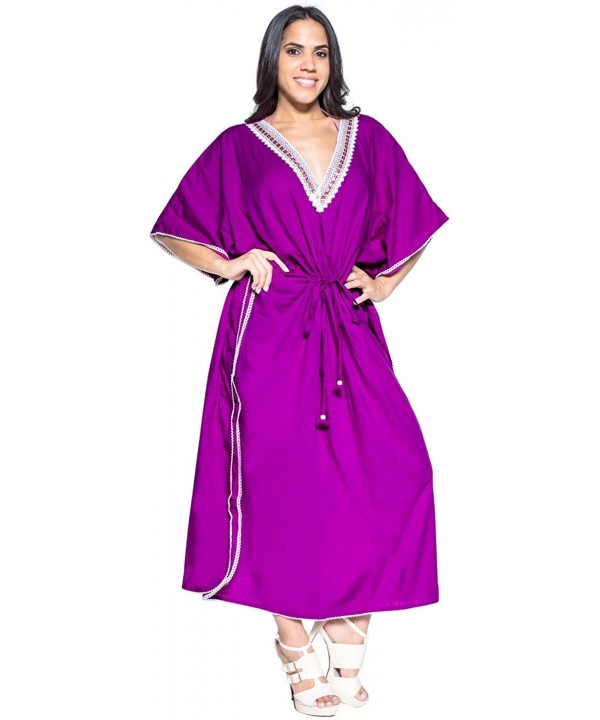 Women's Long Kaftan Swimsuit Cover Ups Sleep Casual Dress Embroidered - Autumn Violet_u41 - C312OBKA1WT $16.91-Cover-Ups