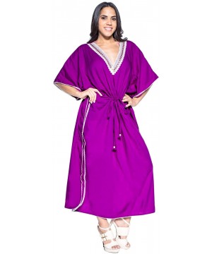 Women's Long Kaftan Swimsuit Cover Ups Sleep Casual Dress Embroidered - Autumn Violet_u41 - C312OBKA1WT $16.91-Cover-Ups