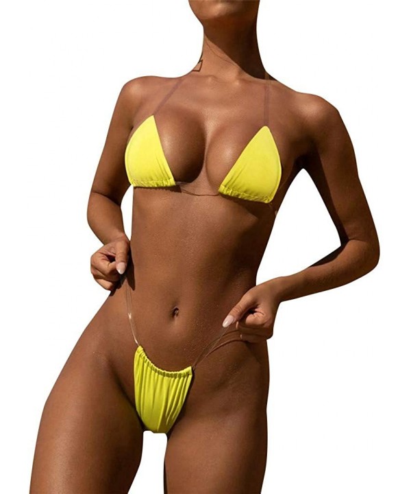 Women's Sexy Halter Micro Bikini Sets Brazilian Thong Bottom Summer Triangle Swimsuits Swimwear - 1 - Yellow - C6199Y3TWTY $7...