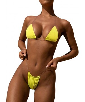 Women's Sexy Halter Micro Bikini Sets Brazilian Thong Bottom Summer Triangle Swimsuits Swimwear - 1 - Yellow - C6199Y3TWTY $7...