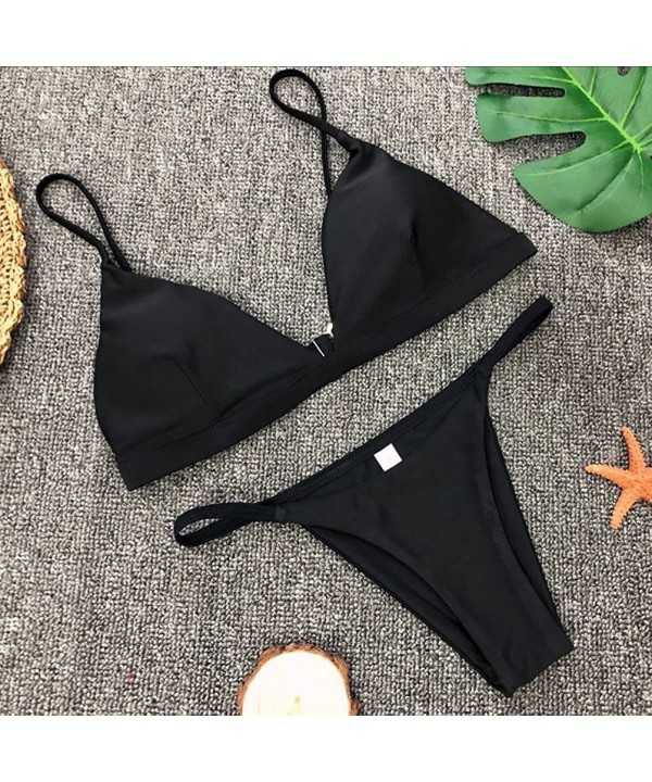 Womens Sexy Two Piece Bikini Set Solid Bra Top Brazilian Cheeky Thong Bottom Triangle Swimsuit Swimwear Bathing Suit - Black ...