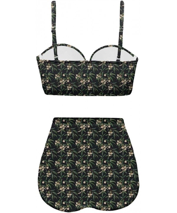 Women's Retro Summer Bright Floral Print Funny Swimsuits High Waisted Bikini Set - Black-2 - CU196SE57Y7 $36.95-Bottoms