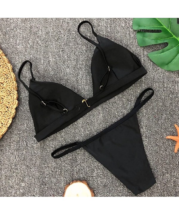 Womens Sexy Two Piece Bikini Set Solid Bra Top Brazilian Cheeky Thong Bottom Triangle Swimsuit Swimwear Bathing Suit - Black ...