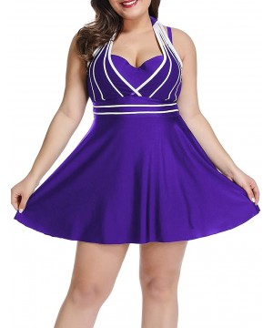 Womens Halter Swimdress Plus Size Two Piece Swimsuit Tankini Set - Purple - C818RARGNSU $23.99-Tankinis