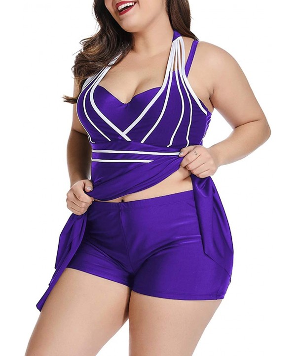 Womens Halter Swimdress Plus Size Two Piece Swimsuit Tankini Set - Purple - C818RARGNSU $23.99-Tankinis