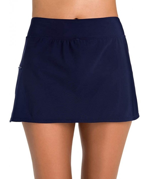 Women's Swimwear Solid Skort Tummy Control Swim Bottom with Zip Pocket - Navy - CJ1203QEYJ5 $38.36-Bottoms