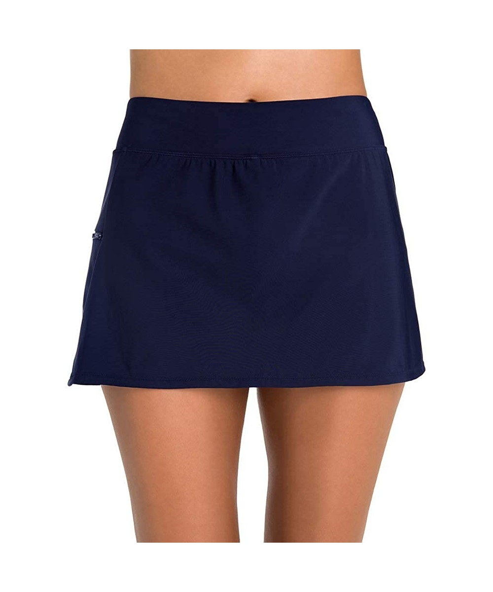 Women's Swimwear Solid Skort Tummy Control Swim Bottom with Zip Pocket - Navy - CJ1203QEYJ5 $38.36-Bottoms