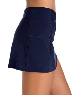 Women's Swimwear Solid Skort Tummy Control Swim Bottom with Zip Pocket - Navy - CJ1203QEYJ5 $38.36-Bottoms