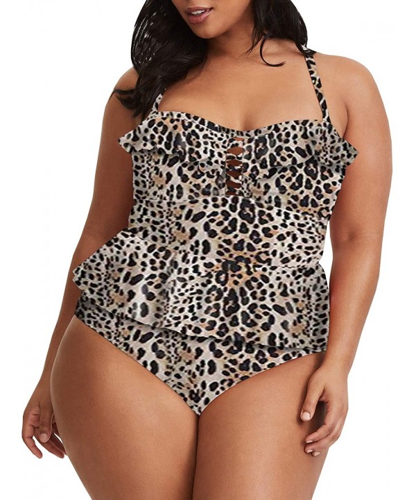 Womens Plus Size Swimwear Peplum Tankini Tops Tummy Control 2 Piece Floral Retro Swimsuits - Leopard - CY18OTCCGZL $40.65-Sets