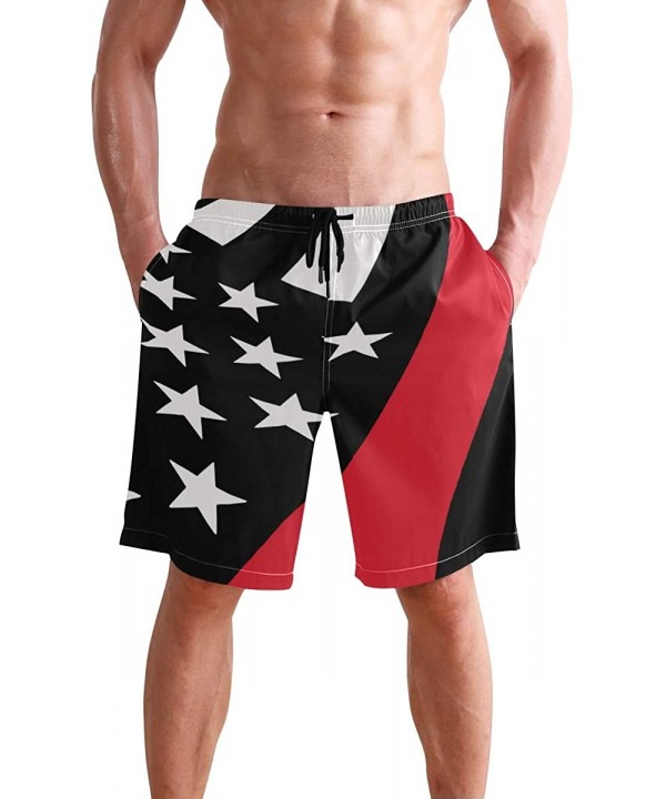 Men's Swim Trunks USA Thin Blue Wave Flag Quick Dry Beach Board Shorts with Pockets - Thin Red Line American Flag - CM18QGD8T...