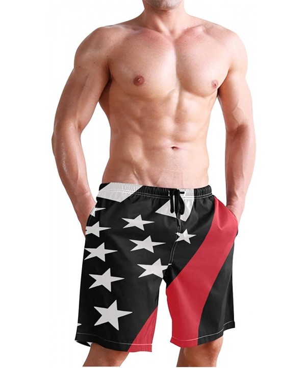 Men's Swim Trunks USA Thin Blue Wave Flag Quick Dry Beach Board Shorts with Pockets - Thin Red Line American Flag - CM18QGD8T...