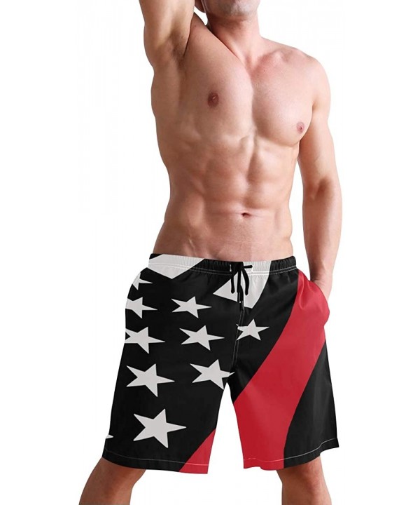 Men's Swim Trunks USA Thin Blue Wave Flag Quick Dry Beach Board Shorts with Pockets - Thin Red Line American Flag - CM18QGD8T...