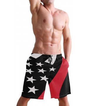 Men's Swim Trunks USA Thin Blue Wave Flag Quick Dry Beach Board Shorts with Pockets - Thin Red Line American Flag - CM18QGD8T...