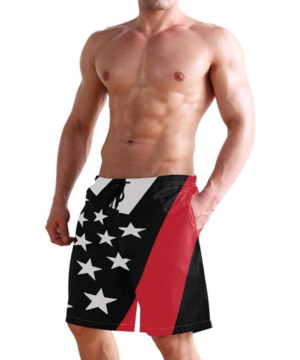 Men's Swim Trunks USA Thin Blue Wave Flag Quick Dry Beach Board Shorts with Pockets - Thin Red Line American Flag - CM18QGD8T...