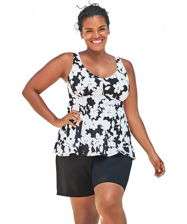 Women's Plus Size Flowy Tankini Top - Black White Graphic Floral (1832) - CH195SHHRK6 $27.65-Tankinis