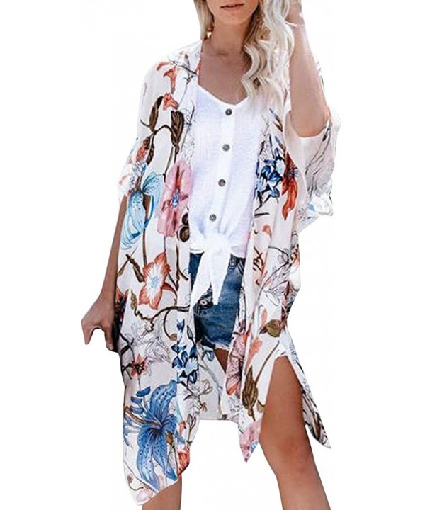 Kimono Cardigans Womens Casual Chiffon Cardigan Summer Beach Floral Long Blouse Shawl Bikini Cover up Tops White 02 - CP18ASN...