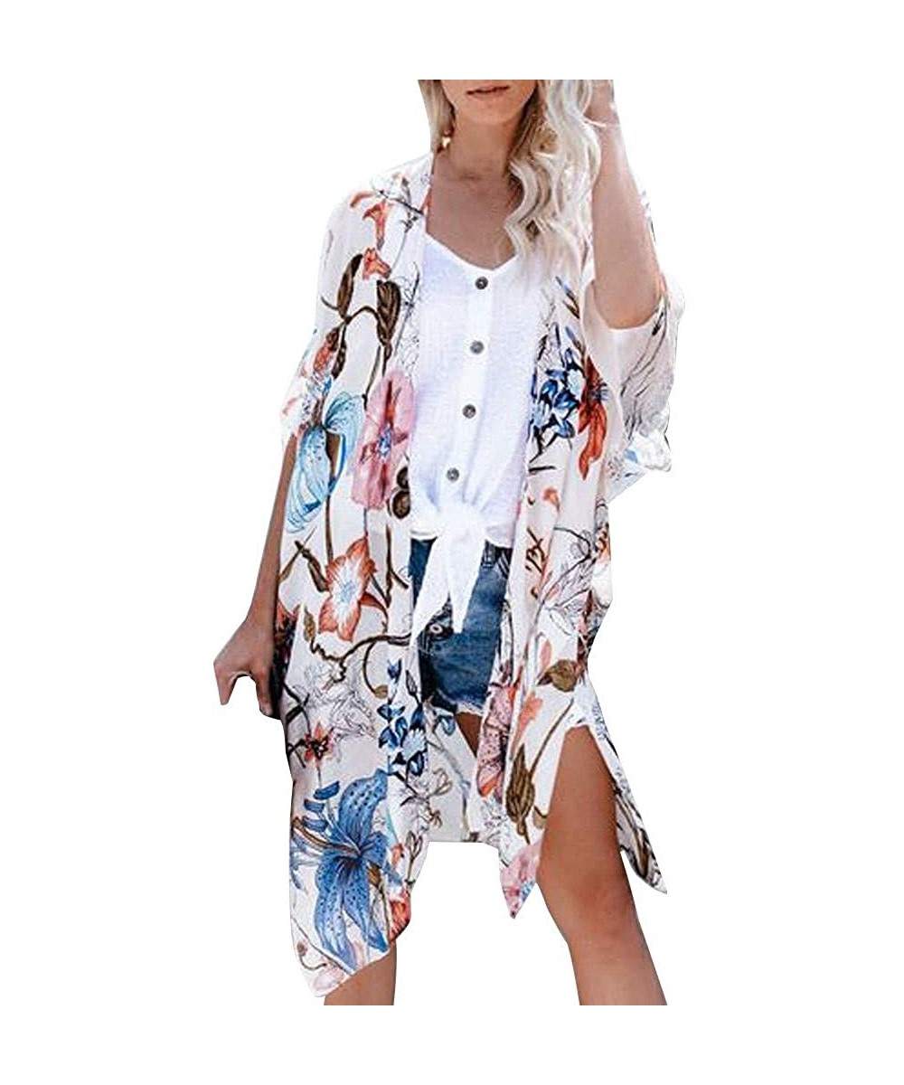 Kimono Cardigans Womens Casual Chiffon Cardigan Summer Beach Floral Long Blouse Shawl Bikini Cover up Tops White 02 - CP18ASN...